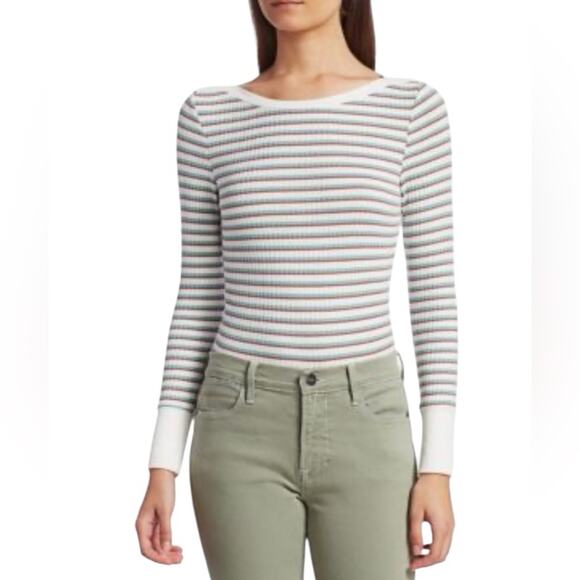 Frame Cropped Stripe Knit Top size XS White Brown Green - Picture 1 of 9